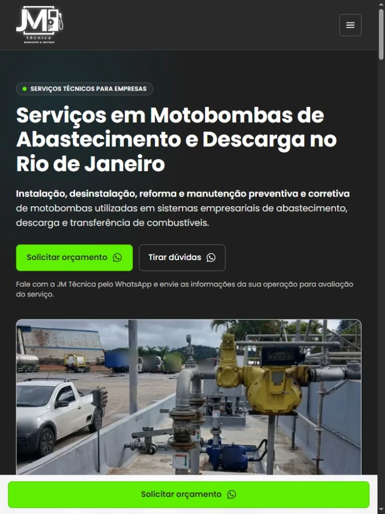 Screenshot of JM Técnica's motor pump services landing page