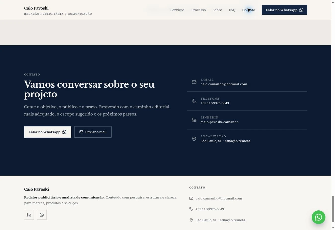 Dark blue contact section with actions and channels, followed by a light footer.