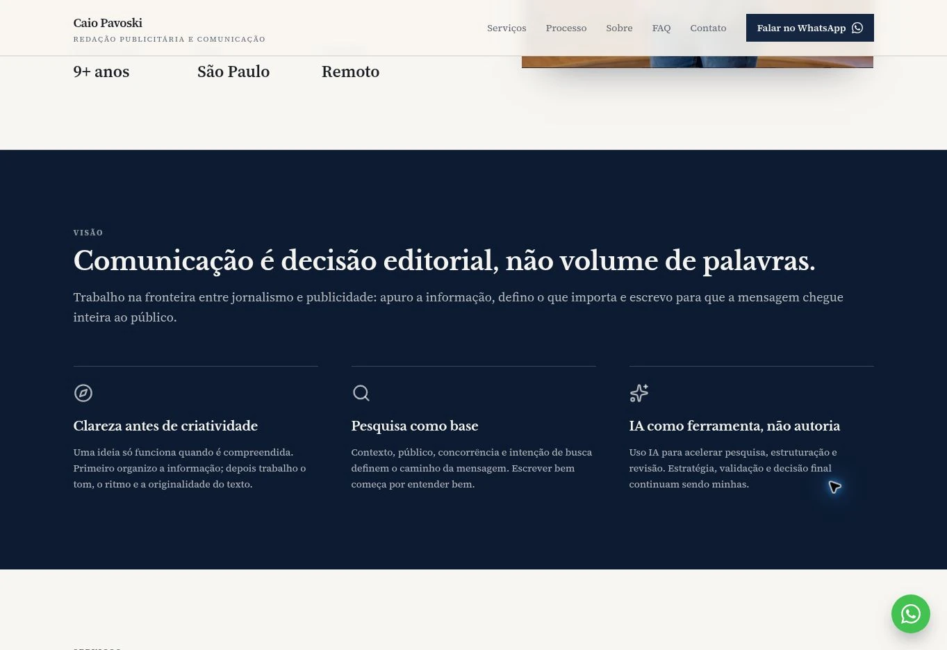 Dark blue working-principles section with a light heading and three principles side by side, below part of the opening.