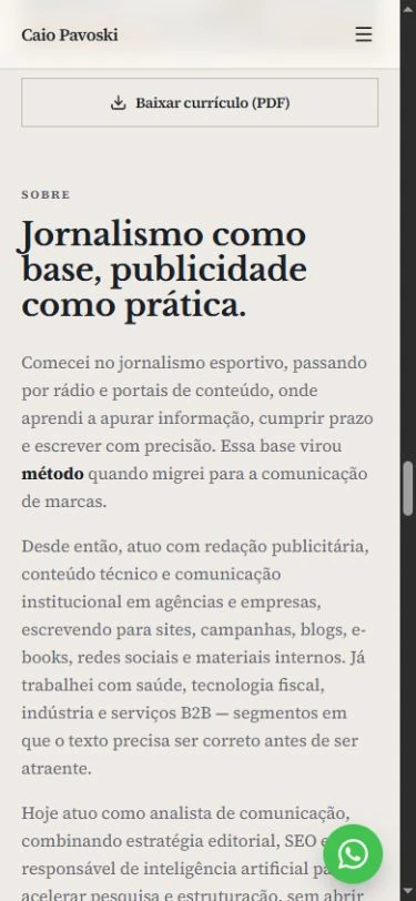 About copy in a single column on mobile, with a résumé button at the top and no portrait in this frame.