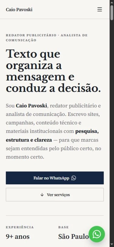 Mobile opening with a serif heading, copy, stacked buttons, and collapsed navigation; the portrait is outside the capture.