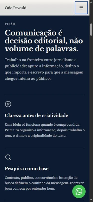 Dark blue working-principles section on mobile, with a heading, the first stacked principles, and visible menu focus.