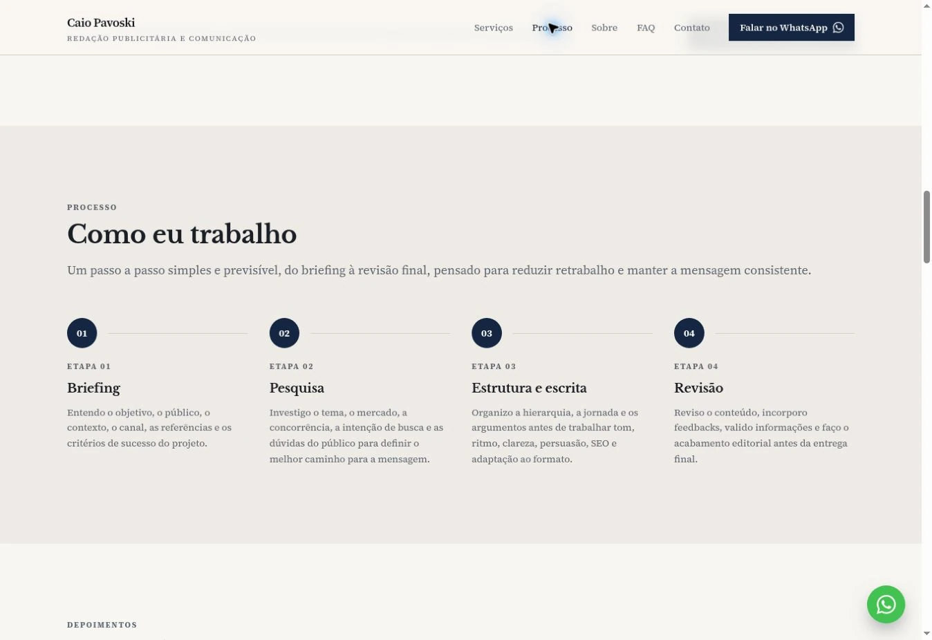 Caio's working process in four aligned stages, with numbers, lines, and descriptions.