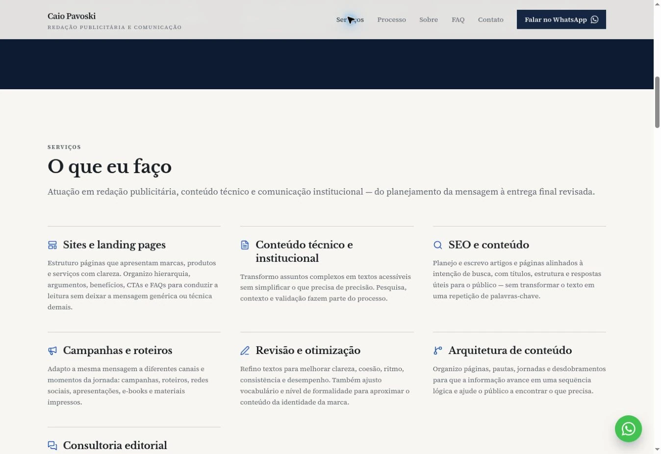O que eu faço services section with three columns, icons, and descriptions; the last row is partially visible.