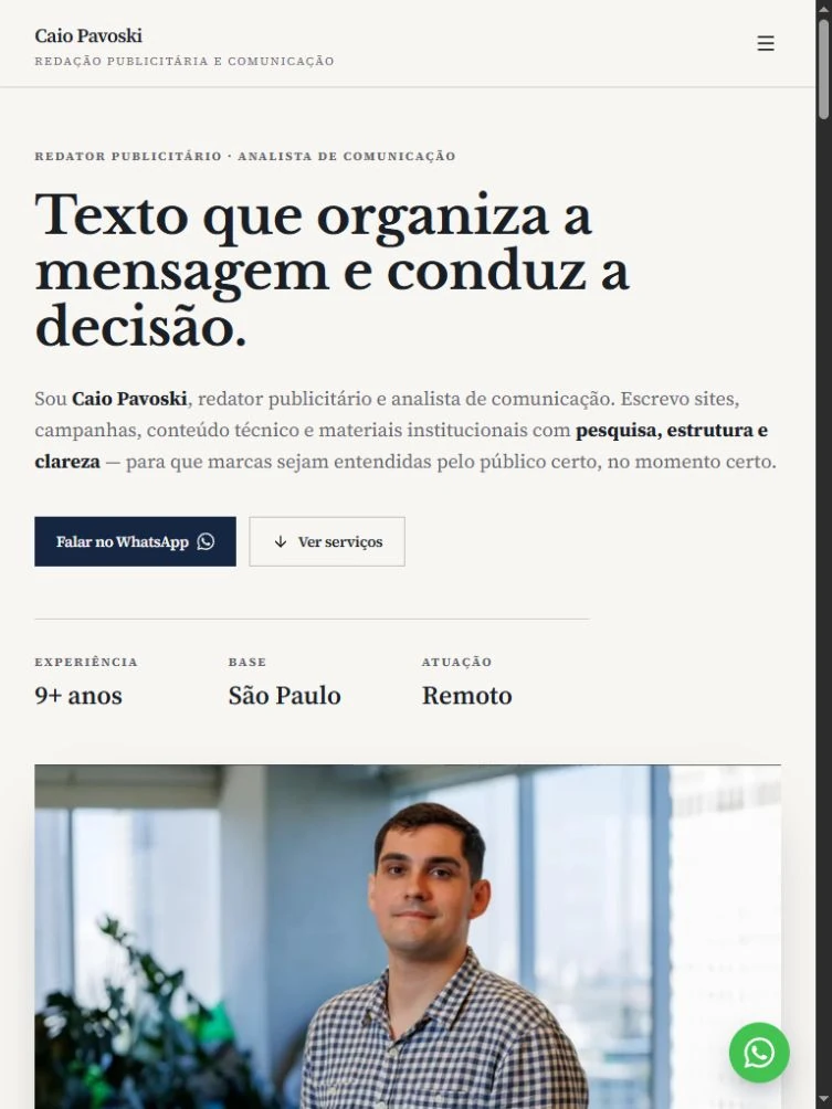 Caio website opening on tablet, with an editorial heading, introduction, actions, and a portrait.