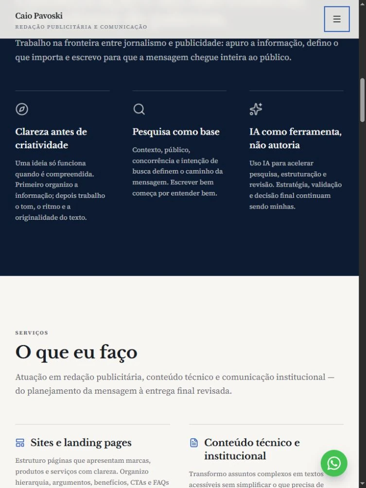 Caio’s working principles on tablet, with three blocks on clarity, research, and AI use before the services.