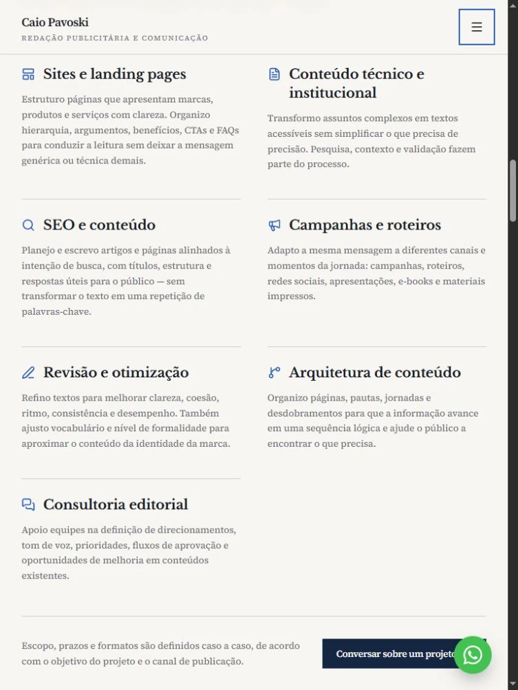 Services in two columns on tablet, with icons, copy, and a visibly focused menu button; the section heading is outside the capture.
