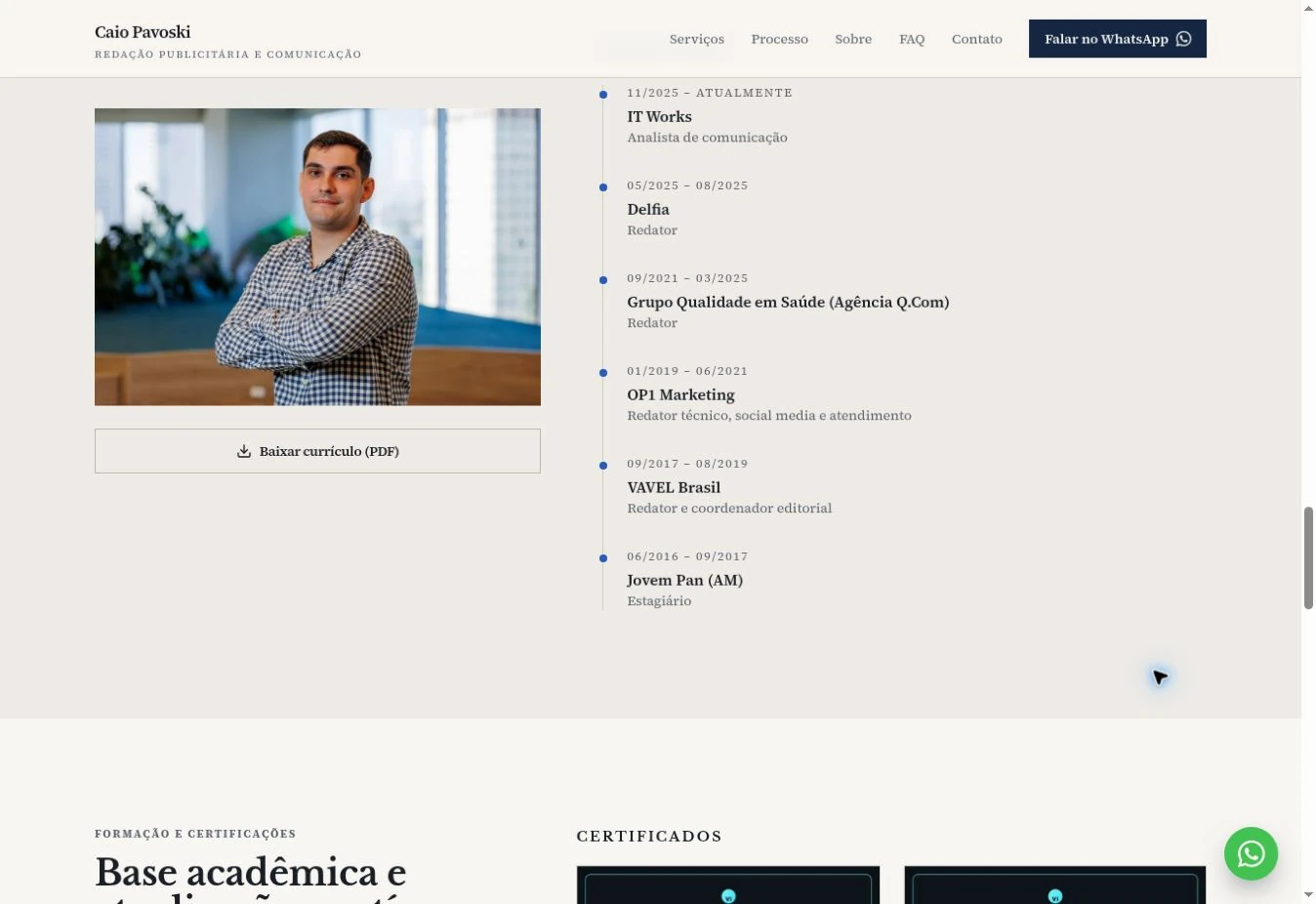 Career timeline with a portrait on the left and the start of the education section at the bottom.