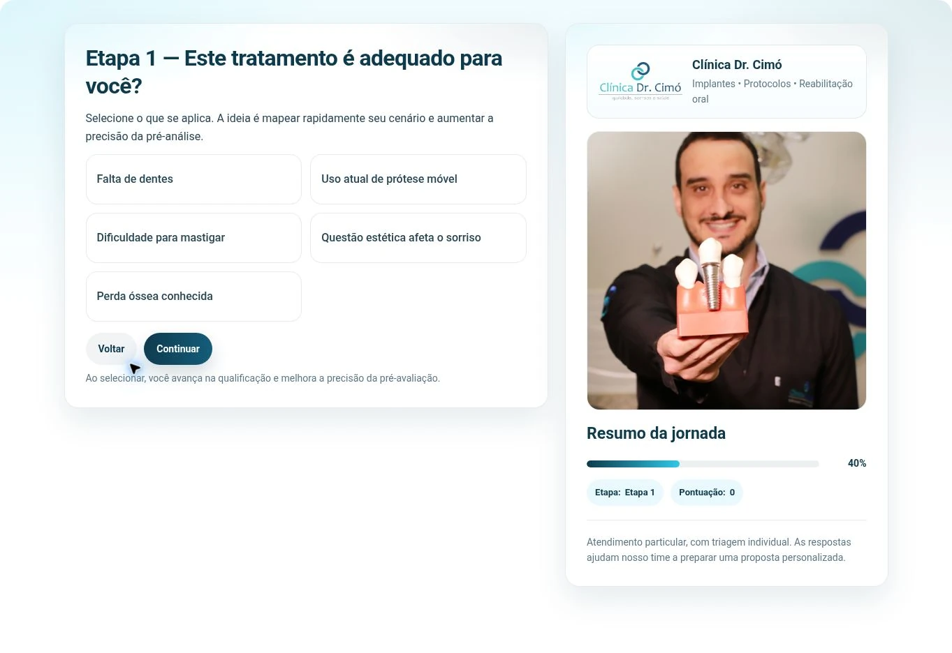 Primeira etapa com cinco alternativas vazias, botões de navegação e resumo da clínica à direita.