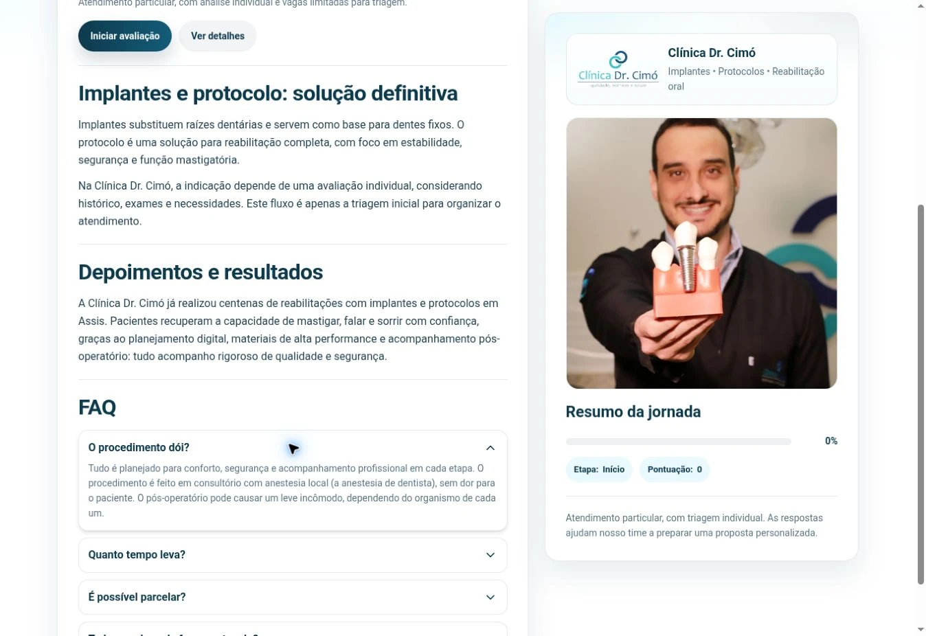 FAQ da landing page da Clínica Dr. Cimó no desktop com a primeira resposta aberta e resumo lateral.