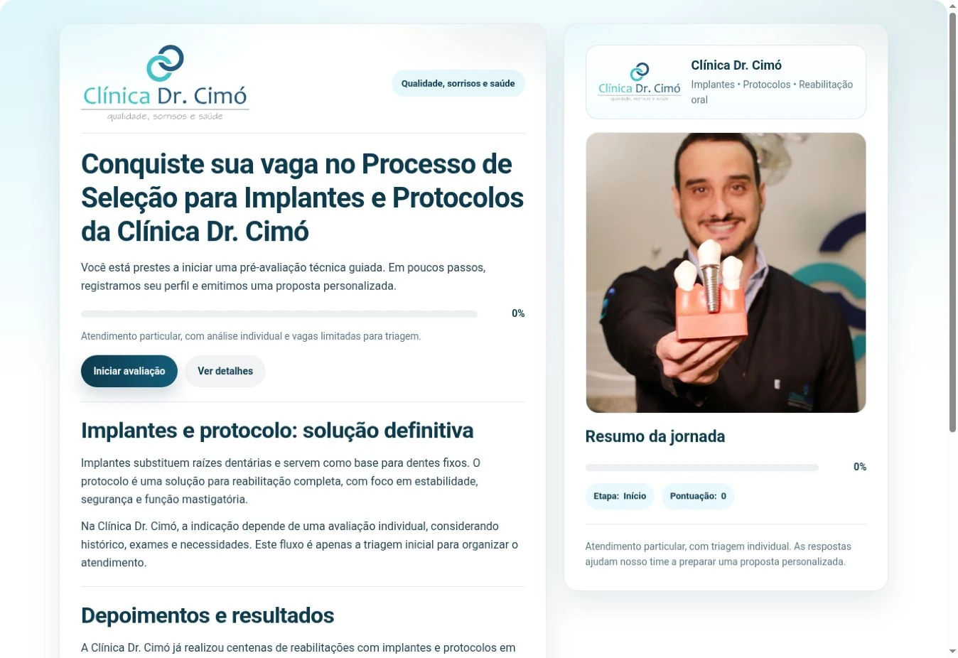Abertura desktop com apresentação da clínica, ações, começo do conteúdo informativo e painel lateral.