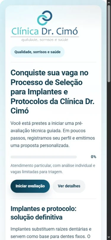 Abertura móvel com marca, título, texto introdutório, progresso em 0% e botões de início e detalhes.