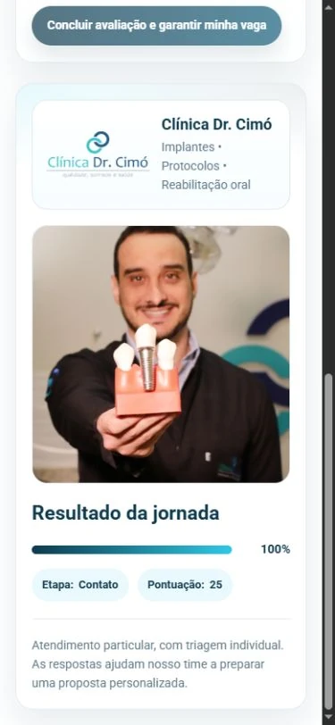 Painel abaixo do contato no celular, com marca, retrato, 25 pontos e progresso em 100%.