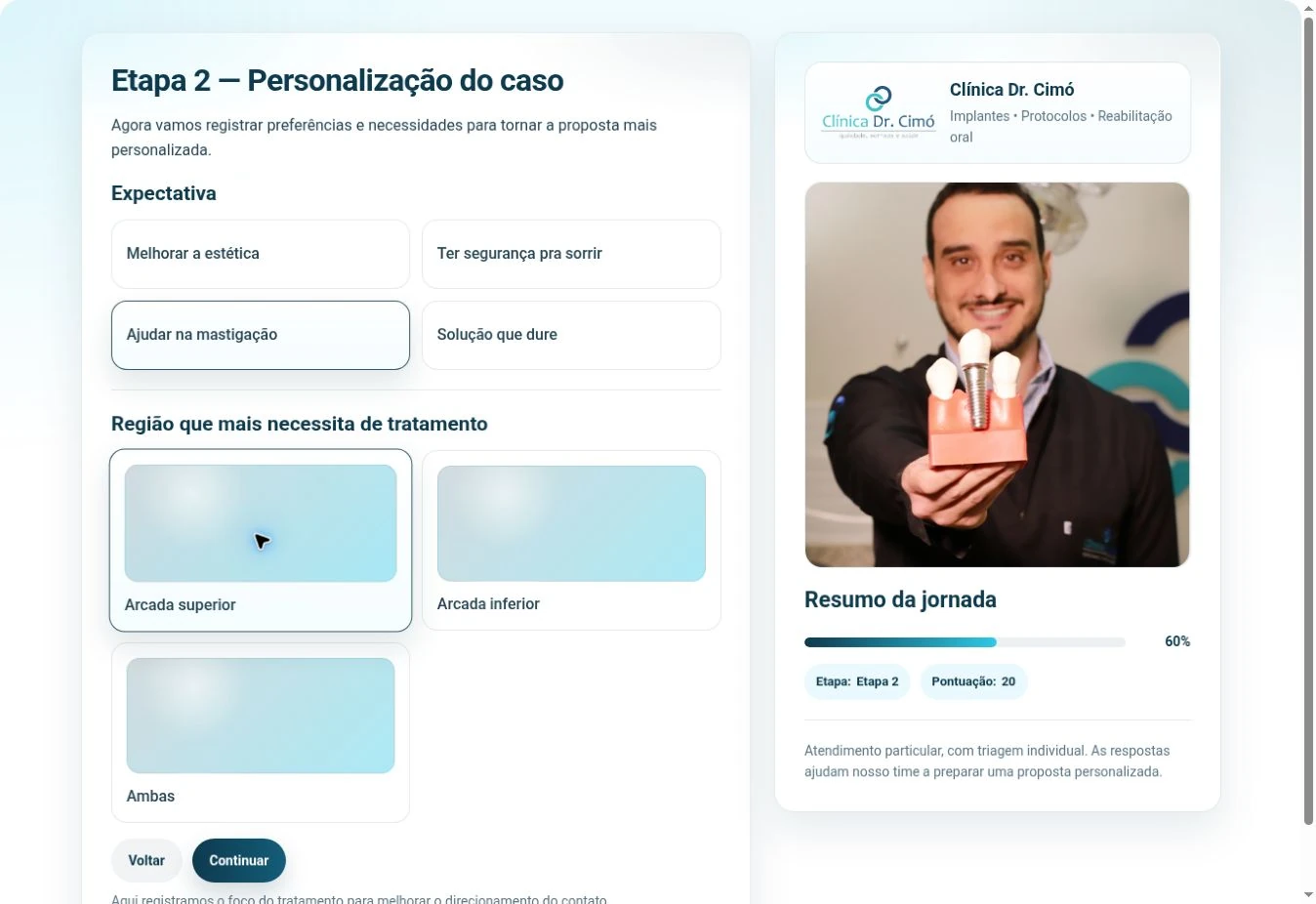 Etapa 2 com grupos de expectativa e região, escolhas marcadas e resumo de 20 pontos.