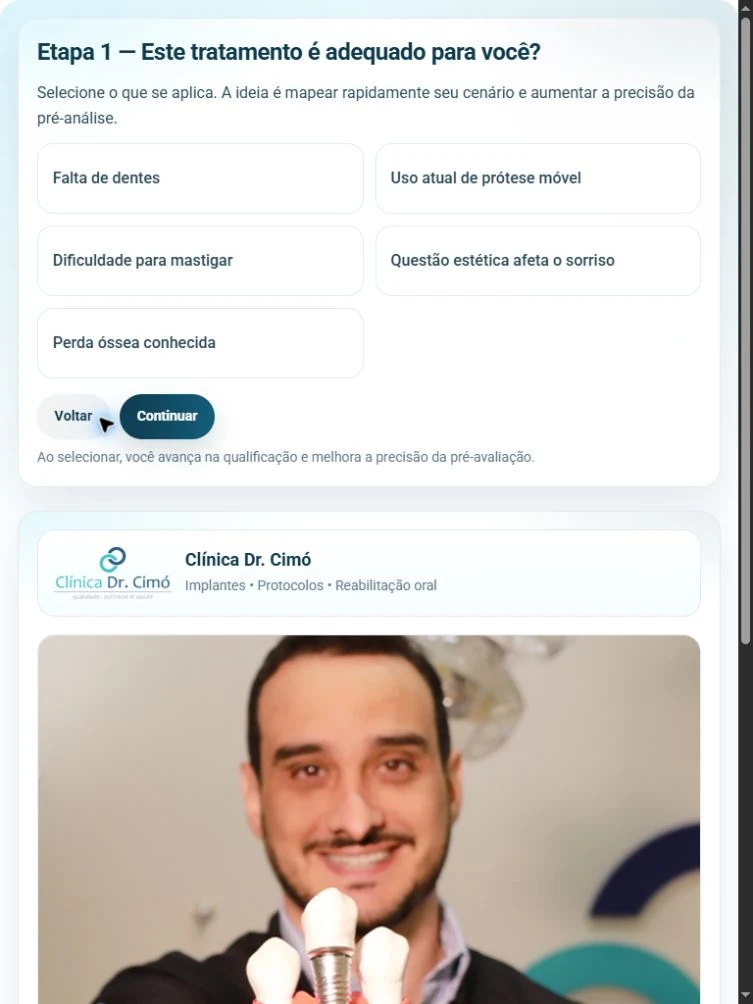 Primeira etapa do fluxo da Clínica Dr. Cimó em tablet, com opções sem seleção e botões Voltar e Continuar.