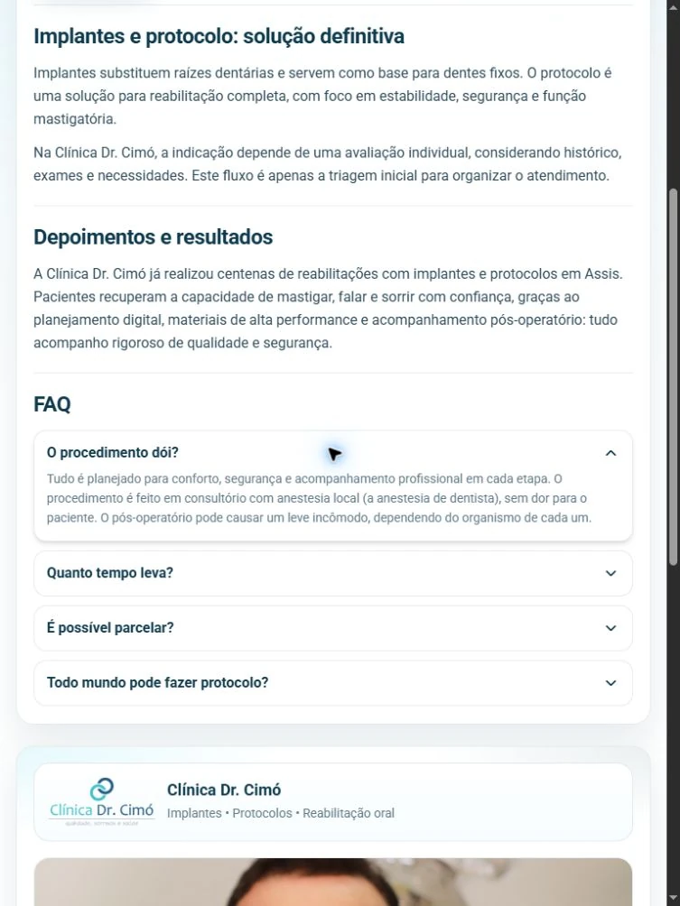 FAQ da Clínica Dr. Cimó no tablet, com a primeira resposta aberta e início do resumo abaixo.