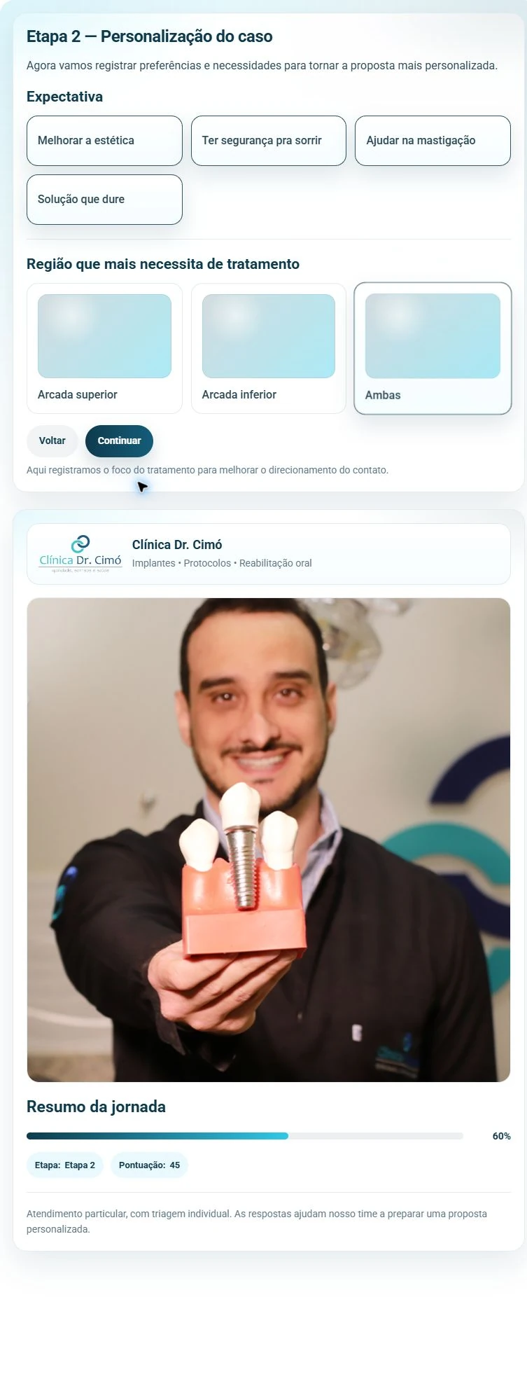 Etapa 2 completa em tablet, com alternativas em colunas e painel de identidade e resumo abaixo.