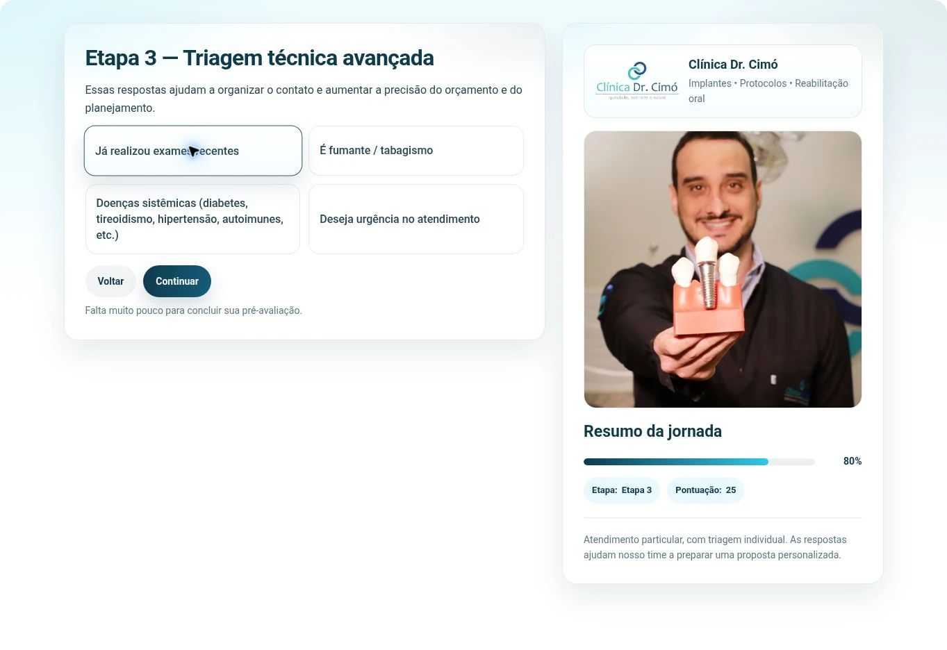Terceira etapa com uma alternativa marcada, navegação e painel lateral mostrando 25 pontos e 80% de progresso.