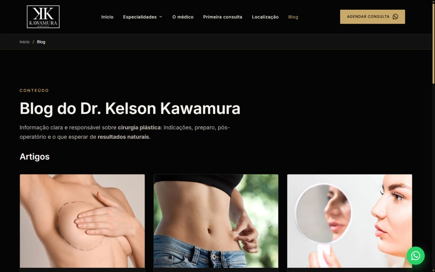 Título do blog do Dr. Kelson Kawamura e três capas de artigos visíveis na listagem.