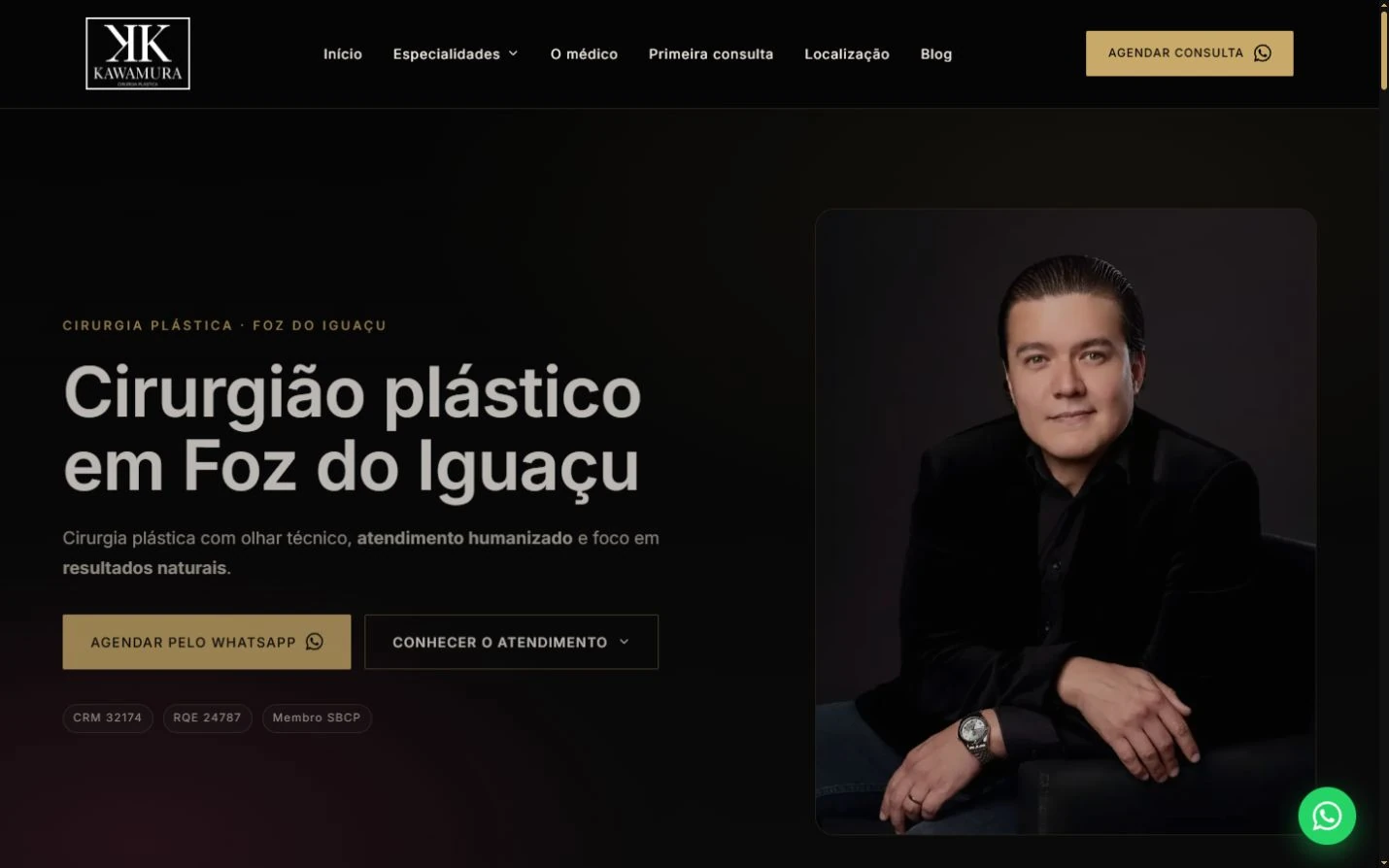 Abertura do site do Dr. Kelson Kawamura com retrato, título e ações em fundo escuro.