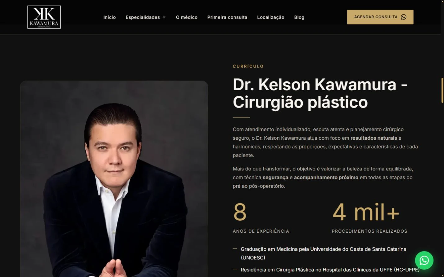 Seção de apresentação do Dr. Kelson Kawamura, com retrato e informações profissionais em duas colunas.