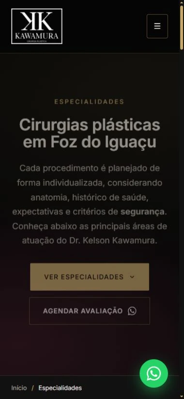Página de especialidades de Kelson no celular, com título, introdução e ações.