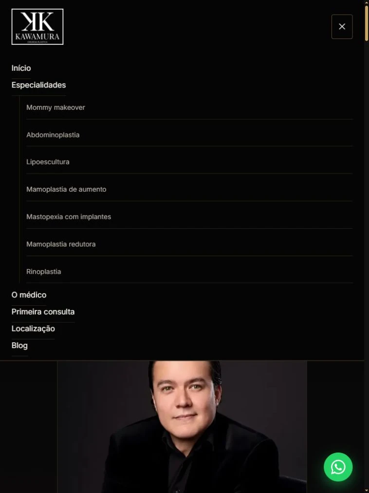 Menu do Dr. Kelson aberto no tablet, com especialidades, páginas institucionais e parte do retrato abaixo.