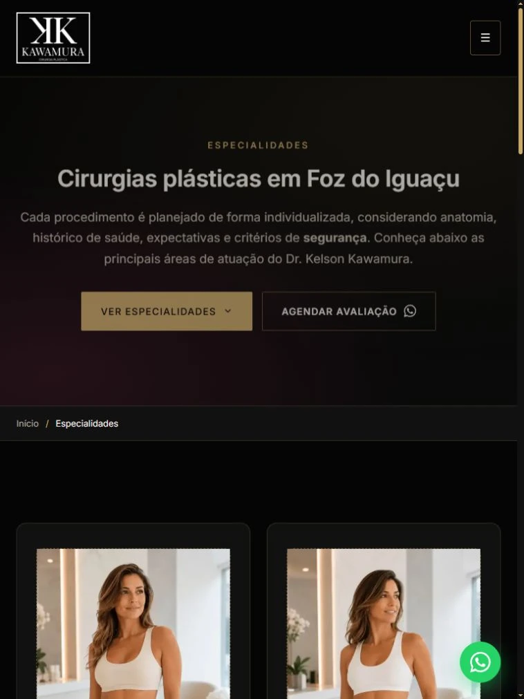 Abertura das especialidades do Dr. Kelson em tablet, com navegação recolhida e início dos cards.