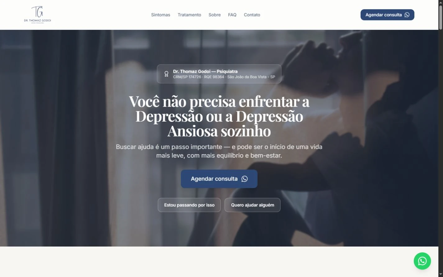 Abertura da LP do Dr. Thomaz Godoi, com fotografia escurecida, título central, ação de WhatsApp e dois atalhos secundários.
