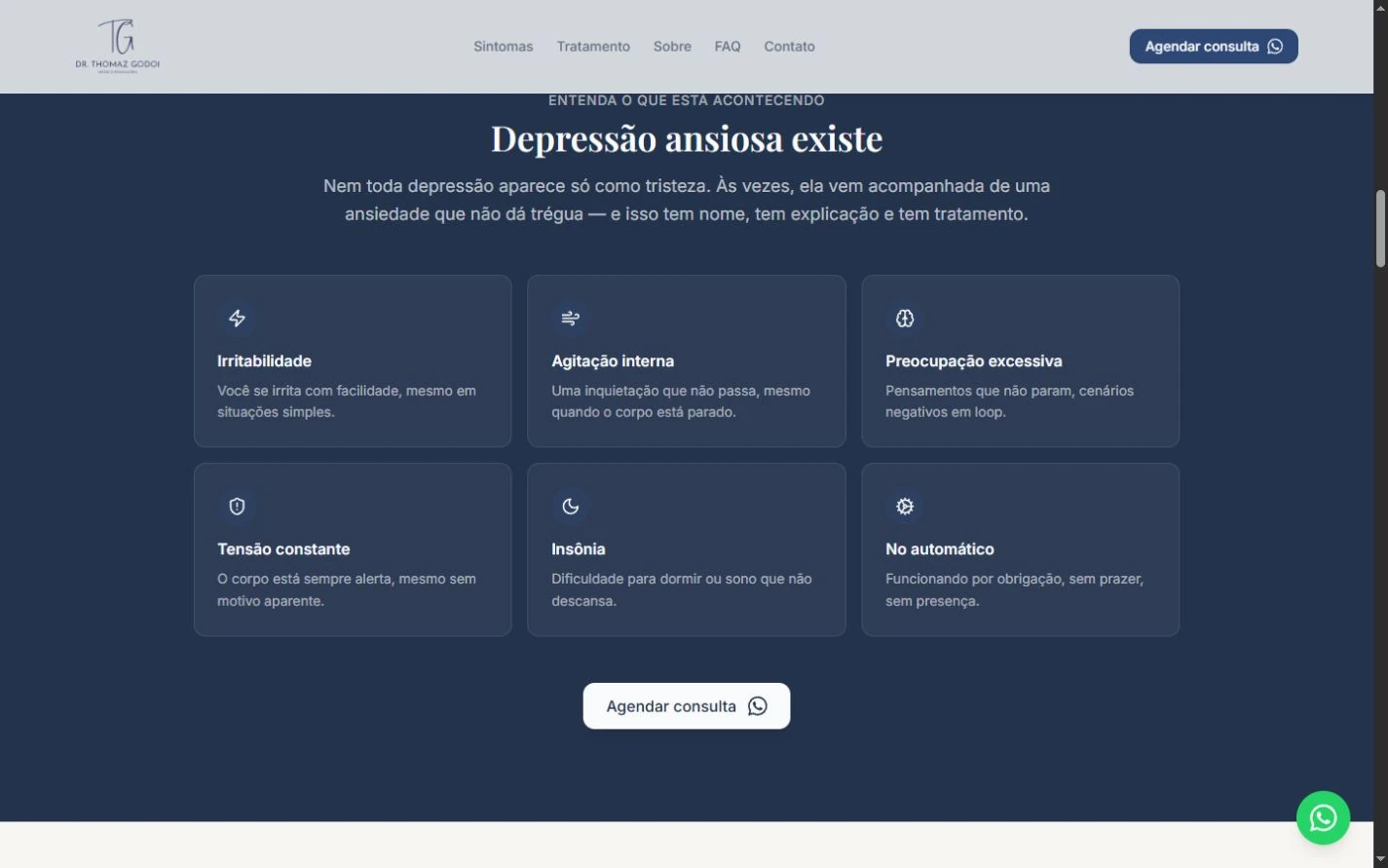 Bloco azul profundo com título, seis cards de ícones e explicações e ação de contato abaixo.