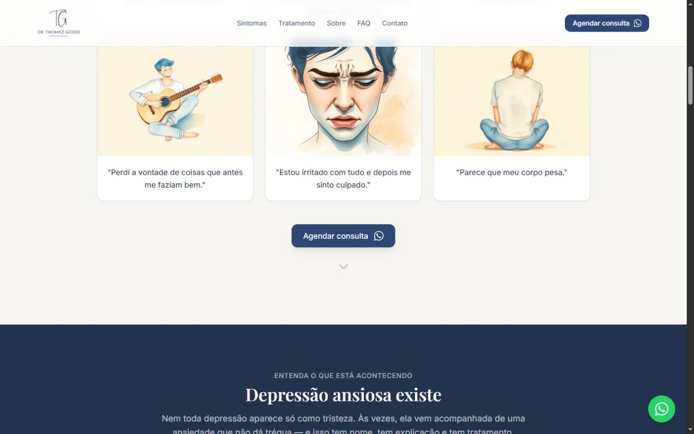 Continuação com três cenas ilustradas e frases, ação de contato e início do bloco azul seguinte.