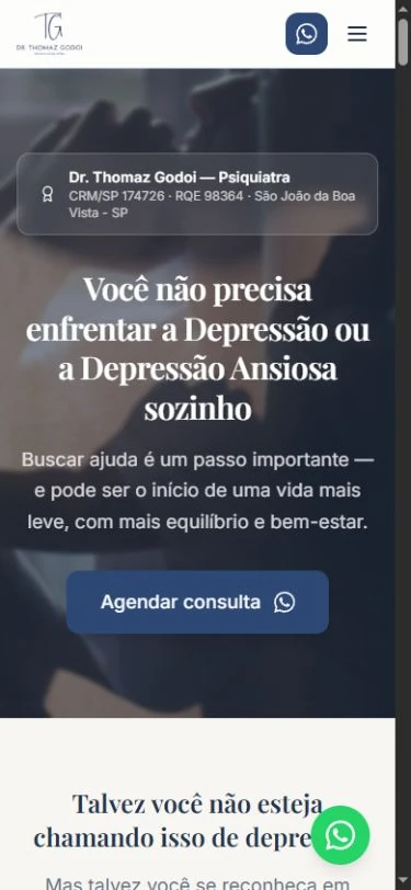Abertura móvel com identificação, título, texto e ação principal sobre fotografia escura, sem os dois atalhos secundários.