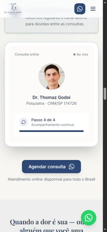 Prévia explicativa da quarta etapa no celular com retrato do médico, título Passo 4 de 4, progresso e CTA abaixo.