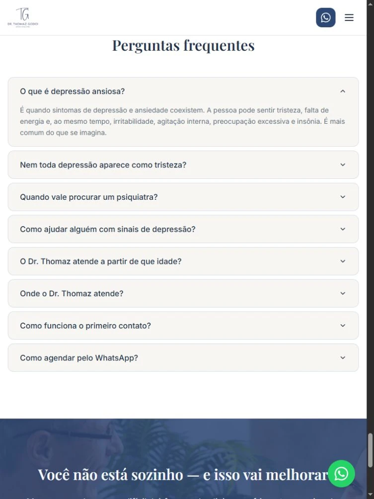 FAQ do Dr. Thomaz no tablet com primeira resposta aberta e início da chamada de contato abaixo.