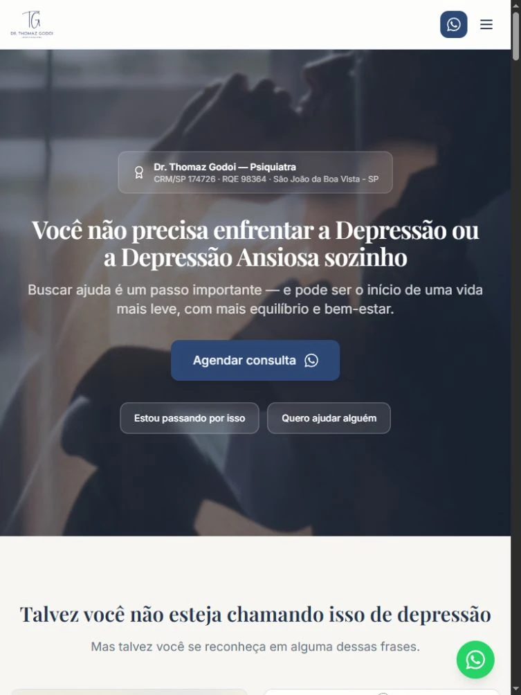 Abertura da landing page de Thomaz em tablet, com título, CTA e dois caminhos de visita.
