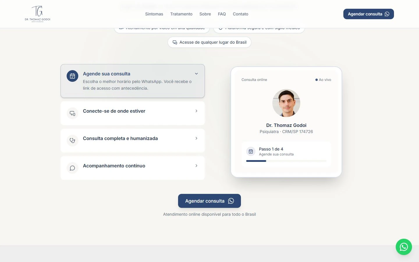 Primeira de quatro etapas selecionada à esquerda, com descrição e prévia explicativa mostrando Passo 1 de 4 e progresso inicial à direita.