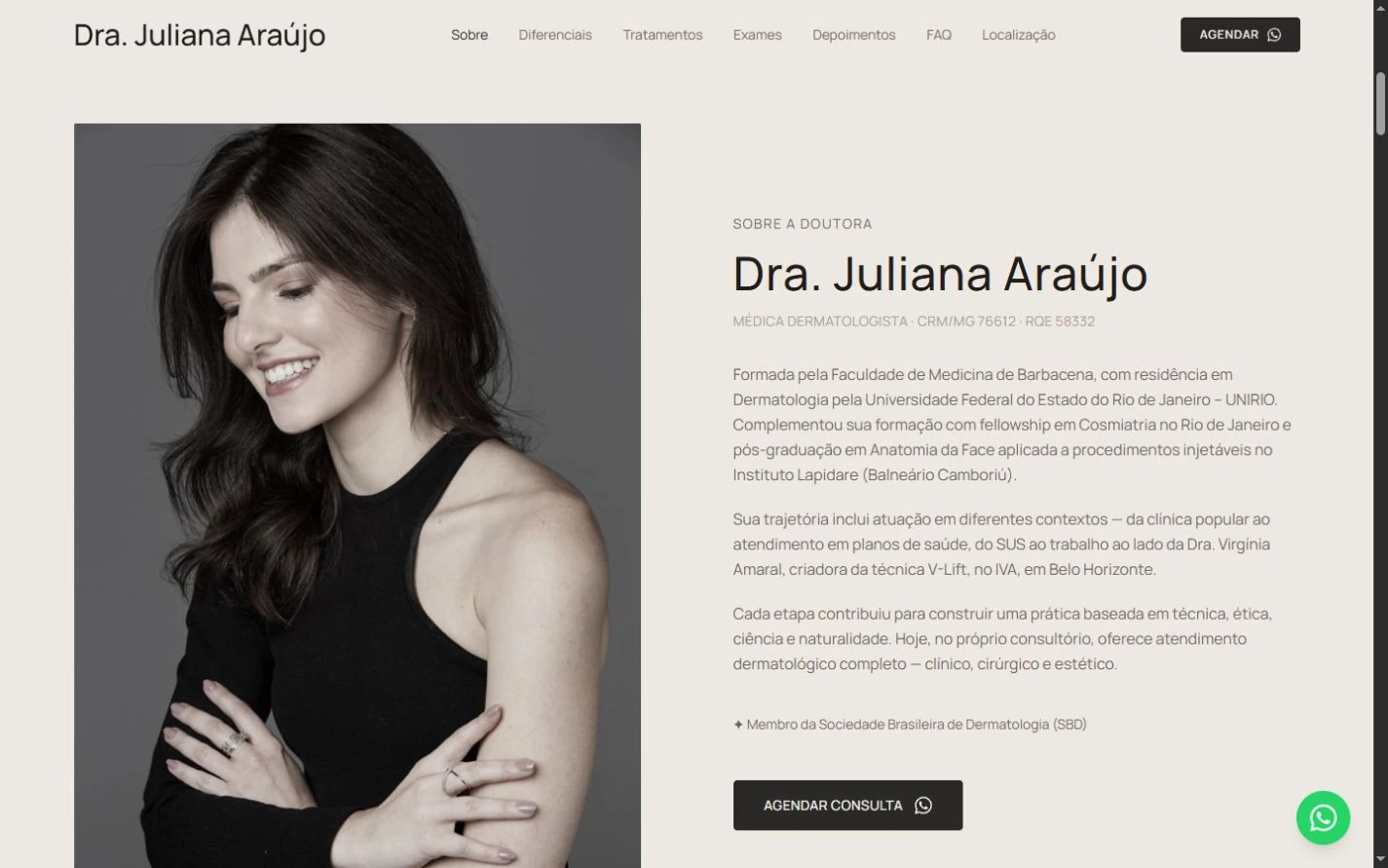 Apresentação da médica com retrato em preto e branco à esquerda, biografia à direita e CTA de WhatsApp.