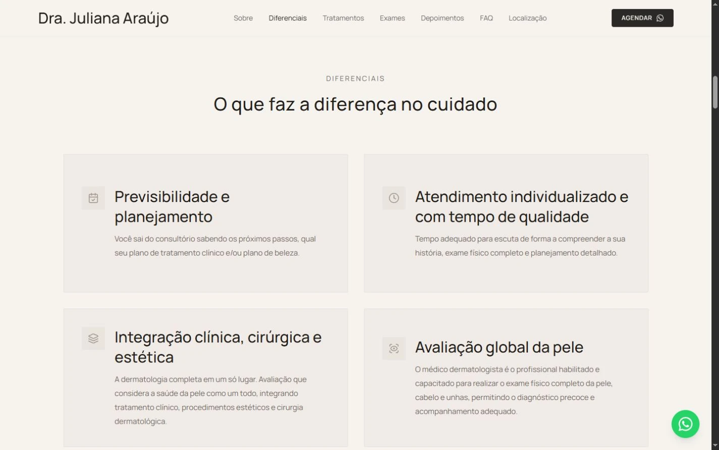 Título dos diferenciais e quatro cards visíveis com superfícies claras; o quinto segue abaixo.