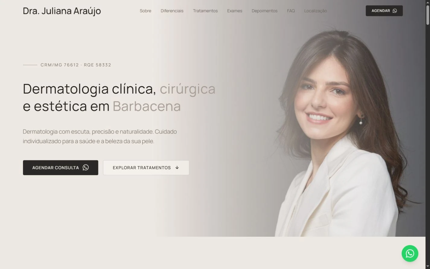 Abertura do site da Dra. Juliana Araújo, com texto e duas ações à esquerda e retrato integrado ao fundo claro por gradiente.