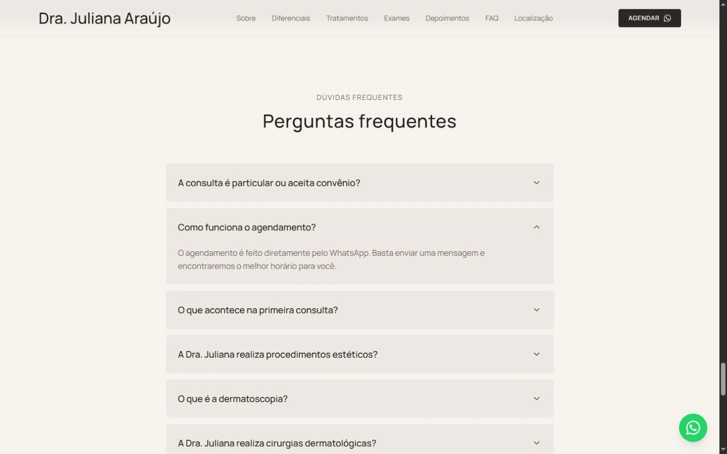 FAQ com Como funciona o agendamento aberto e outras perguntas recolhidas, com botão flutuante de WhatsApp.