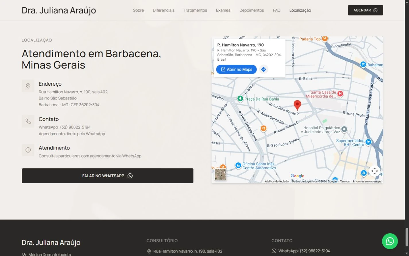 Localização com endereço, contato e CTA à esquerda, mapa carregado à direita e início do rodapé escuro abaixo.