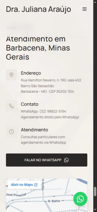 Localização móvel com endereço, contato, botão de WhatsApp e início do mapa na parte inferior.