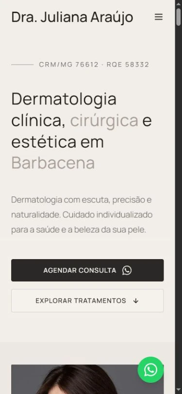 Abertura móvel com nome da médica, menu recolhido, título, texto de apoio, duas ações e início da fotografia abaixo.