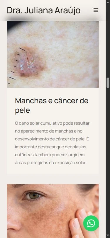 Card Manchas e câncer de pele em uma coluna, com imagem, título e explicação, seguido do início da próxima fotografia.