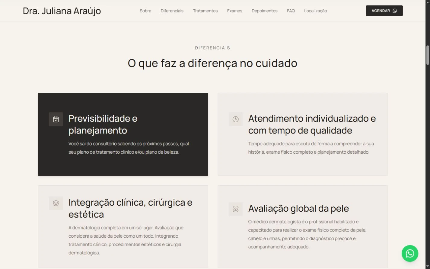 Grade de diferenciais com Previsibilidade e planejamento em superfície escura e outros três cards visíveis em superfícies claras.