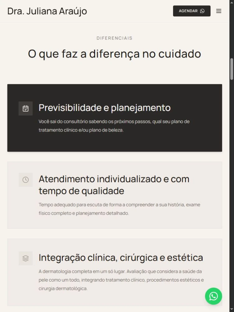 Diferenciais em sequência vertical no tablet, com primeiro card escuro e os seguintes claros parcialmente visíveis.