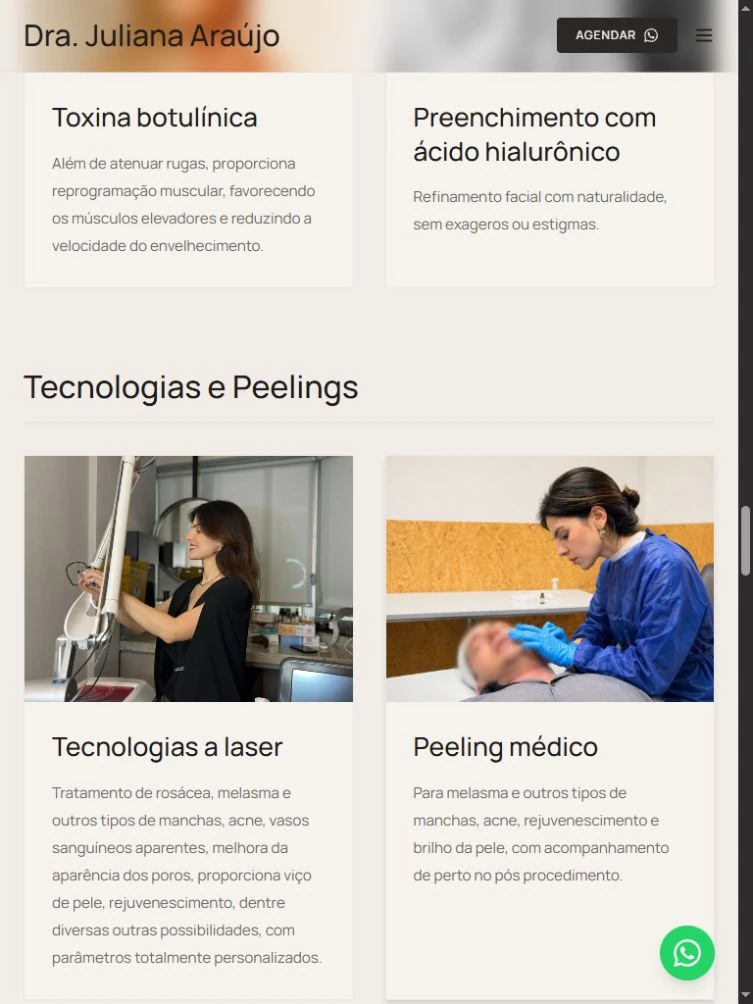 Tratamentos da Dra. Juliana no tablet, com final dos cards de estética e grupo Tecnologias e Peelings em duas colunas.