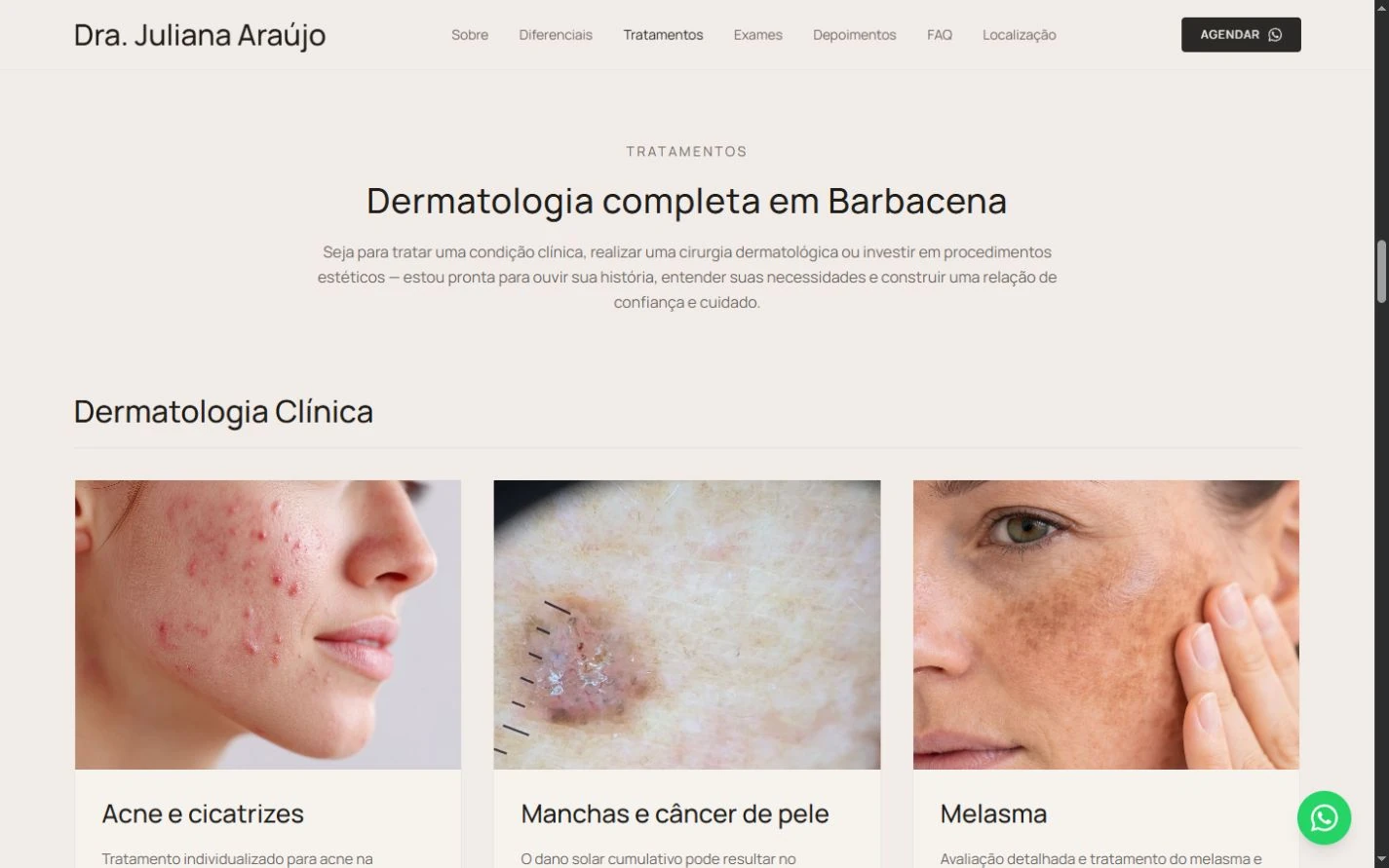 Início de tratamentos com título, grupo Dermatologia Clínica e três cards com fotografias e títulos.