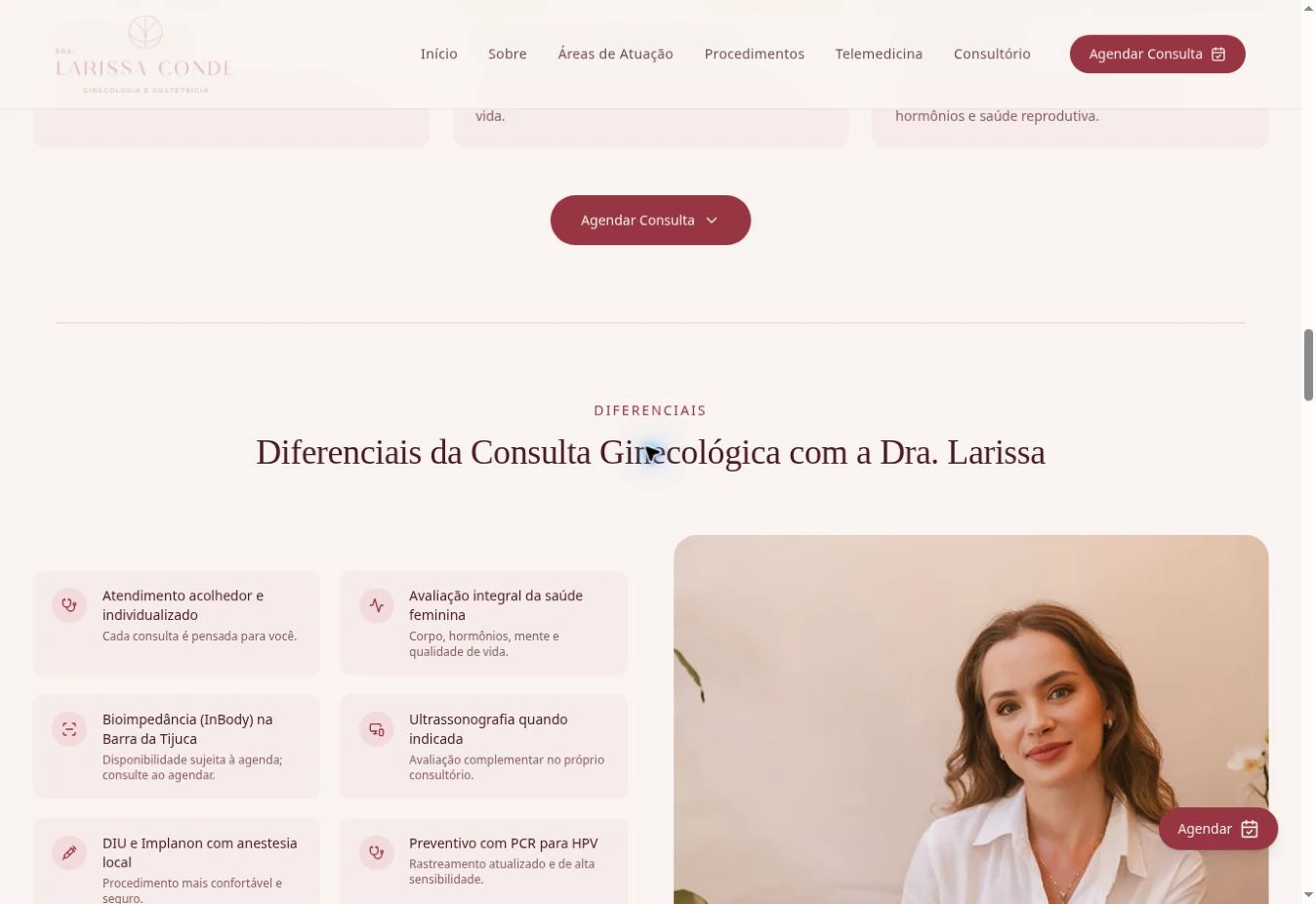 Diferenciais da consulta da Dra. Larissa no desktop, com título, cartões e retrato à direita.