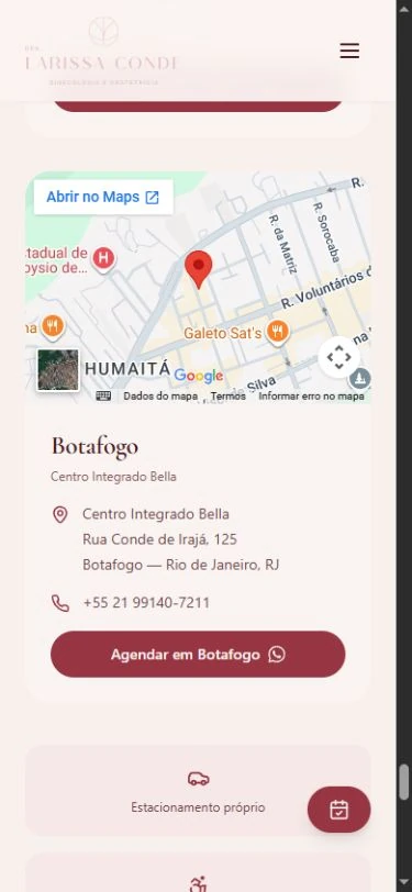 Trecho do consultório de Botafogo no celular, com mapa, endereço, contato e botão de agendamento.
